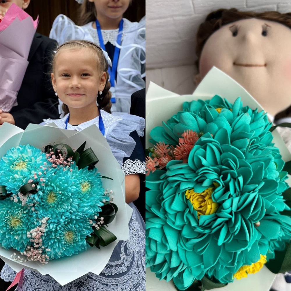 Девочка с букетом и кукла с таким же букетом